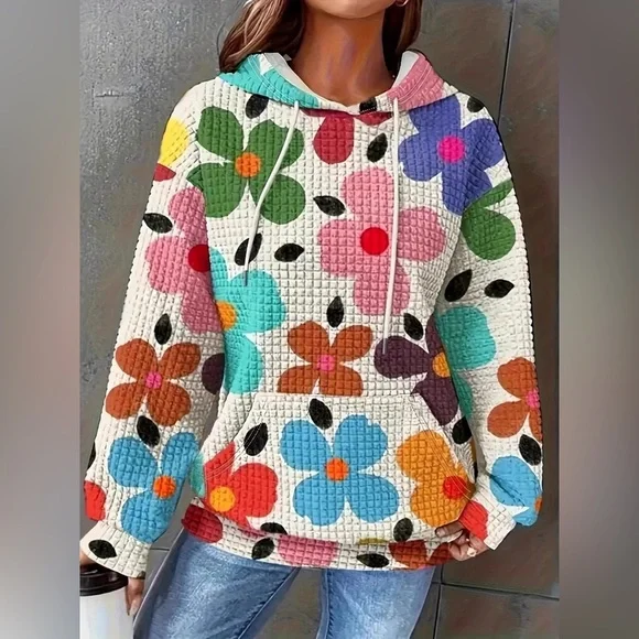 Floral Print Textured Drawstring Hoodie - Picture 7 of 11